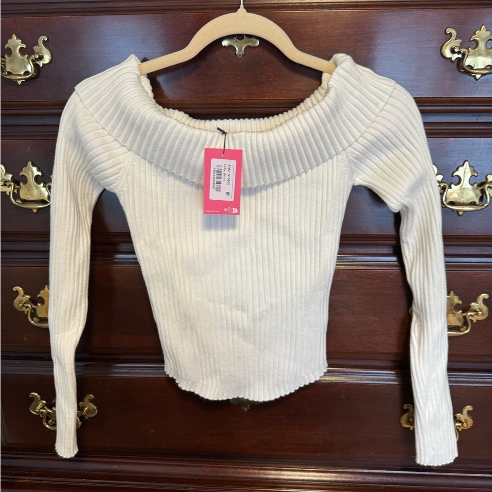 Edikted Off-Shoulder Ribbed White Sweater